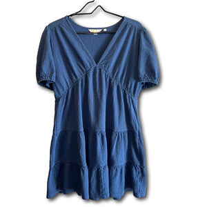Boden Jersey Seersucker Dress V-neck Blue Woman’s Size 8 Short Sleeve Tier Flowy